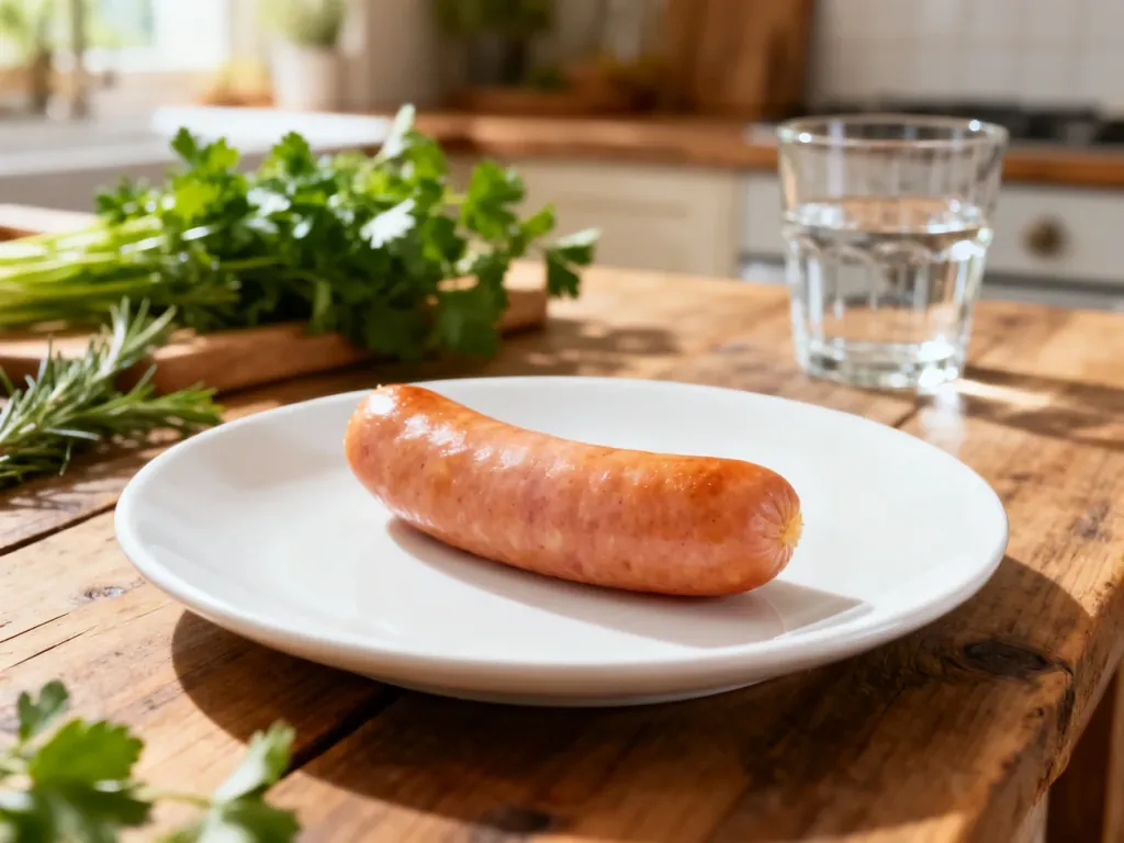 Pojedyncza parówka na białym talerzu w jasnej, minimalistycznej kuchni.