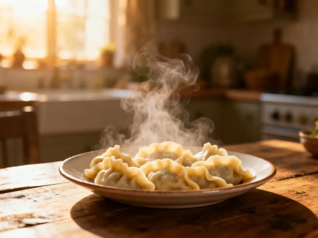 Talerz świeżo ugotowanych pierogów na rustykalnym drewnianym stole w przytulnej kuchni.