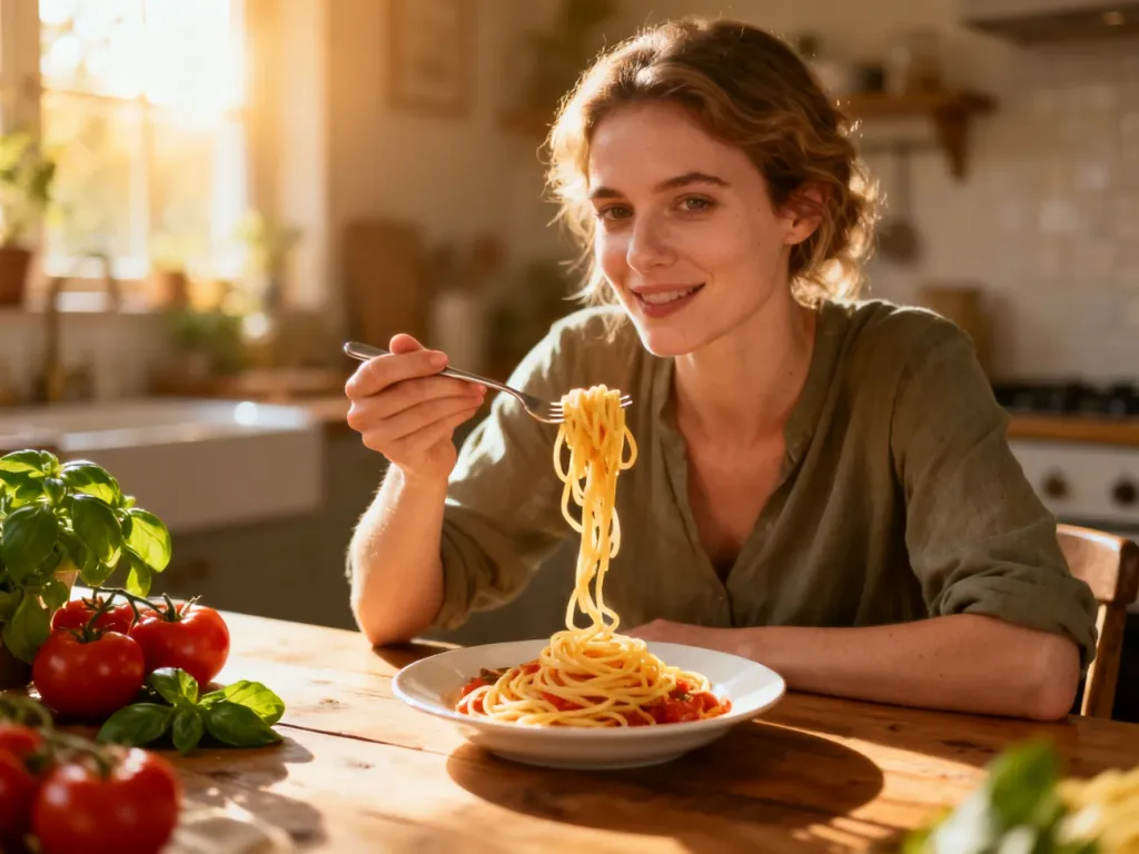 Kobieta jedząca makaron al dente przy słonecznym stole w przytulnej kuchni.